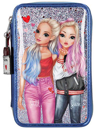 Depesche 10932 TOPModel - Gefüllte 3-fach Federtasche im Love Letters Design, blaue Federmappe ca. 7,5 x 13 x 20 cm groß, mit Filz- und Buntstiften, Lineal, Schere, Kleber, uvm.