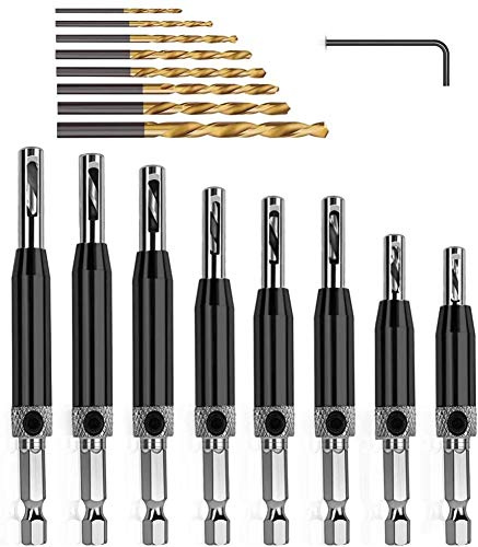 KAHEIGN 17Pcs Scharnierbohrer Set, Selbstzentrierend Bohrer Set Selbstzentrierende Scharnierbohrer Set HSS-Bohrer Hohe Härte für Scharniere Holzbearbeitung Tür Fenster (5/64 '' - 1/4 '')