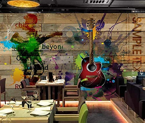 QEETapate Papier Peint Panoramique Doodle De Planche De Bois Instrument De Musique Papier Peint Nature Intissé Murale Chambre Salon,350X245cm