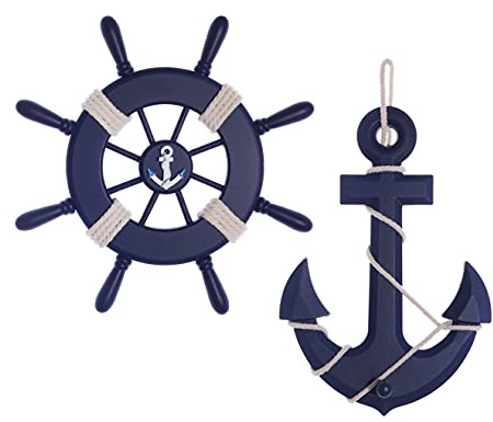 GengGeng 2 Pack 13-Inch Nautical Anchor Wall Decor, Beach and Nautical Decorations for Home, Wooden Anchor and Wheel Beach Theme Decor (Dark Blue)