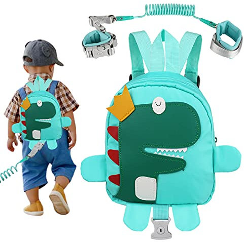 Kinder Sicherheitsleine, Yuepin Kinder Laufgeschirr 3-in-1-Set, Anti-verloren Handgelenk Gürtel mit Schloss + Rucksack + 1.5 m Bungee Straps Link (Dinosaurier)