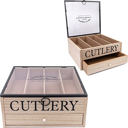 Maison Des Cadeaux Portautensili vintage in legno a 5 scomparti, portaposate e utensili da cucina, scatola organizer per stoviglie, coperchio con finestra, cassetto facile da pulire (US380)