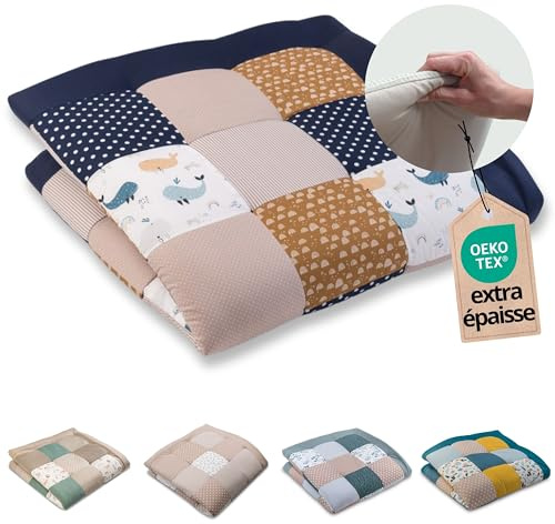 ULLENBOOM ®Alfombra para gatear de bebé 140 x 140 cm acolchada en Ballenas (Made in EU) - Alfombra para gatear con 100% algodón OEKO-TEX®, ideal como cubrepañal y manta de juego