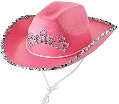 Damen-Cowboyhüte, Rosa, lustige Party, Western-Cowgirl, Prinzessin-Kostüm, Hüte, Feder, blinkender Strass, Partyhut, Rosa mit Strasssteinen, One size