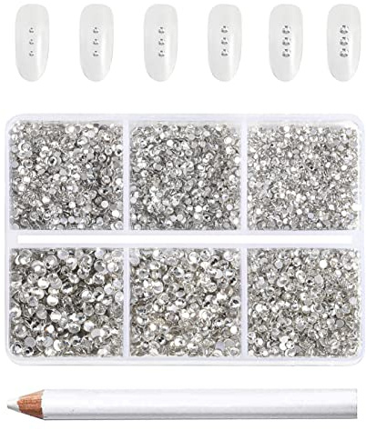 Beadsland flatback strass, kristall, 7200 st blandade 6 storlekar | Glas nagel ädelstenar, rund kristall, med vax penna kit, SS3-SS10, klar