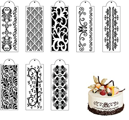 Jagowa 8PCS Cake Decorating Stencils Cake Templates Decorating Tools Printing Hollow Embossed Molds for Birthday Wedding Cake Decoration