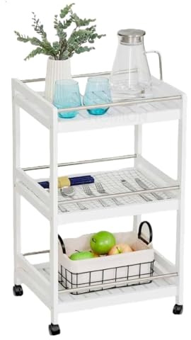 3 Tiers Kitchen Cart Island Rolling Dining Wooden Trolley Storage Cabinet Home Wood Compact Storage Trolley Easy Moving Cart with wheels and side Bars Compact Wheelie Camping Trolly White