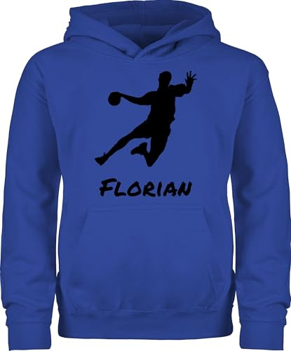 Geschenk mit Namen personalisiert by Shirtracer - Kinder Hoodie Jungen Mädchen - Geschenke Handball - Handballer Silhouette mit Name