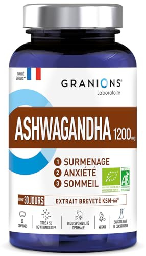 ASHWAGANDHA BIO 1200 MG GRANIONS 30 Jours - Régulation du Cortisol - Ashwagandha KSM-66 - Anti Stress Adulte, Sommeil Adulte - Cortisol Perte de Poids - 60 comprimés - Fabriqué en France