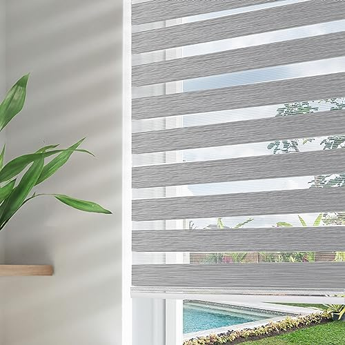 Joydeco Cordless Zebra Roller Shades for Windows,Grey Sheer Mini Zebra Blinds 22 W Dual Layer Light Filtering for Sliding Glass Door Window