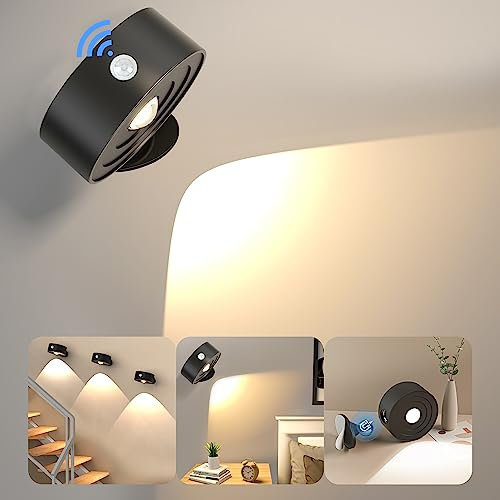 LED Wandleuchte Innen mit Bewegungsmelder USB-C Aufladbare Wandlampe mit Akku Touch Control Helligkeit dimmbar 3 Farbmodi 360° drehbare für Wohnzimmer Schlafzimmer Treppenhaus Flur Nachttischlampe