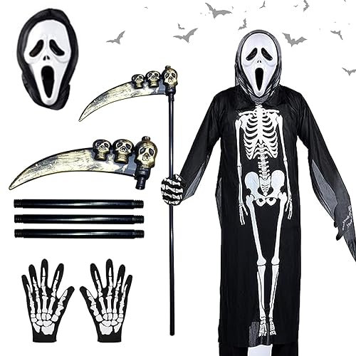SPERMUOY Costume da Tristo Mietitore,costume da mietitore di Halloween con falce teschio maschera teschio guanti,Costume Morte Bambino per Cosplay Halloween Carnevale