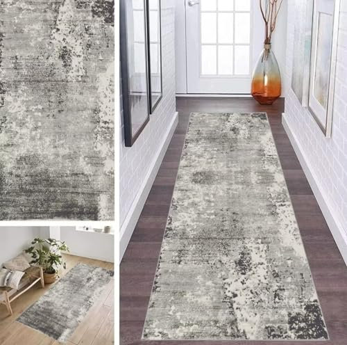 ZDYHMrj Läufer Teppich Flur Küche Waschbar rutschfest 120 * 200cm, Abstraktes Geometrisches Muster Grau Lang Teppichmatte Dauerhaft Fur Korridor Wohnzimmer Schlafzimmer Meterware Anpassbar