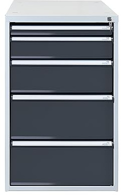 PROREGAL Schubladenbox mit 5 Schubladen für Werkbank Rhino | HxBxT 80x53x70cm | Traglast 60kg | Lichtgrau/Anthrazitgrau | Werkbankzubehör, Baukastensystem, Stahlschublade