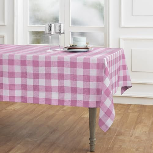 Solino Home Linen Buffalo Plaid Tischdecke, 152,4 x 228,6 cm, 100 % reines Leinen, rosa Begonie, kariert, Tischdecke für rechteckige Tische, maschinenwaschbar, Tischdecke für Halloween