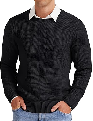 NITAGUT Suéteres de punto con cuello redondo clásico para hombre, textura gofre, invierno, manga larga, con borde acanalado, Negro, M