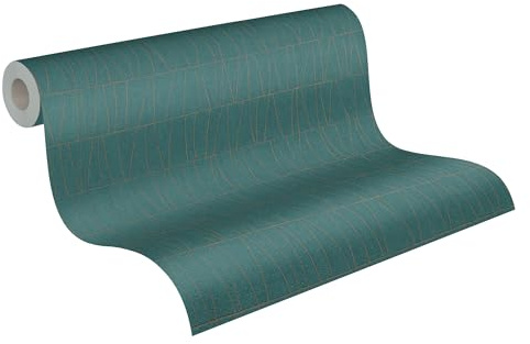 A.S. Création Jade 2 Vliestapete mit Linienmuster und Golddetails 10,05 m x 0,53 m - Petrol, Gold - Grafiktapete im Metallic-Look Made in Germany - 395064
