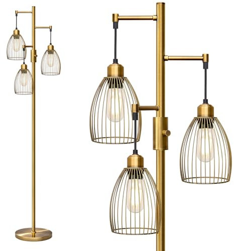 Dimmable Floor Lamp, Industrial Floor Lamps for Living Room, Antique Brass Tree Lamp Standing Lamp Tall Lamps with 3 Elegant Teardrop Cage Head & 800 Lumens LED Bulbs for Living Room Bedroom Office