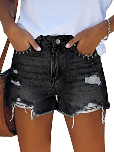 Pink Queen Womens High Waisted Jean Shorts Casual Summer Trendy Streetwear Frayed Raw Hem Soft Cotton Retro Ripped Denim Hot Shorts with Pockets Black M