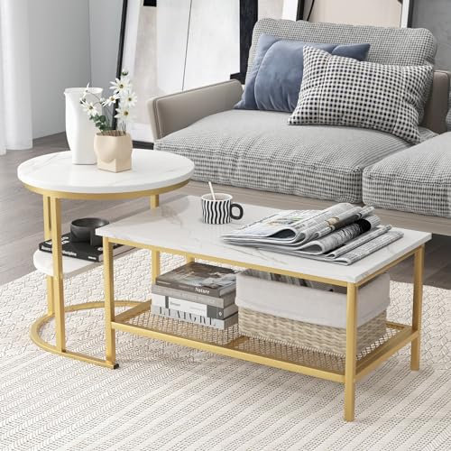 GOPLUS 2er Set Couchtisch Marmor Optik, Abnehmbarer Wohnzimmertisch mit Metallgestell, stapelbarer Beistelltisch, Satztisch modern für Wohnzimmer, Apartment (Gold)
