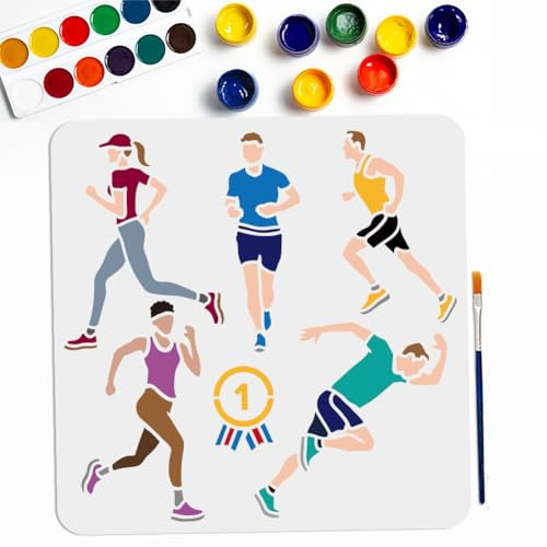 MAYJOYDIY 5 Stil Laufschablone 30 × 30cm Sport Lauf Marathon Schablonen Vorlage Mit Malpinsel Läuferin Mann Medaillen Schablonen Für Holz Leinwand Papier Stoff Wanddekoration