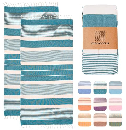 MOMOMUS Pack von 2 Fouta XL oder Strandhandtuch Baumwolle 100% - Saugfähig, Ultraweich, Kompakt - Ideal als Strandtuch, Hamamtuch und Saunahandtuch - Grün, 90x180cm