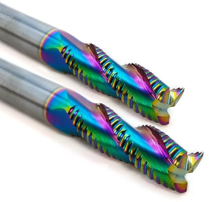 WEXWE Tools Roughing End Mill, DLC Diamond-Like Coating Carbide Milling Cutter for Aluminum, Copper, Magnesium Alloys, Composite Materials, 3 Flute, 1/4 Shank（2 Piece, 3/8-3 L