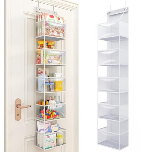 BAKAJI Organizer 5 Ripiani da Porta con Ganci in Metallo e Scaffali PVC Trasparenti, Unità Mensole Salvaspazio Multiuso Capiente, Scaffalatura Bagno, Camera da Letto, Ufficio, Cameretta (Bianco)
