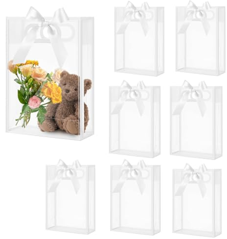 16 Stück klar PVC Geschenk Tasche mit Griffen Band Kunststoff Party Gunst Taschen wiederverwendbare transparente Geschenk-Taschen für Hochzeit Braut Baby Dusche Geburtstag (Weiß, 18 x 26 x 8 cm)