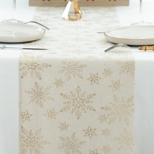 Yeahshion Goldfarbener Tischläufer Schneeflockenmuster 28 cm x 5 m, Eleganter Polyester-Tischläufer, Dekoration für Party, Geburtstag, Weihnachten, Heimwerken, Einpacken