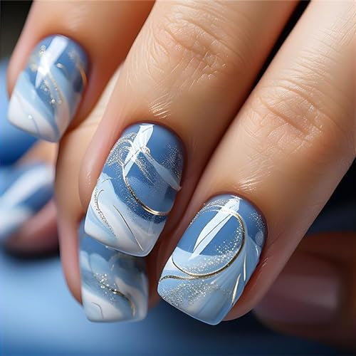 24 Pcs French Press on Nails - Beautiful Blue - Full Cover - Short Square Spring Summer False Nails Extensions