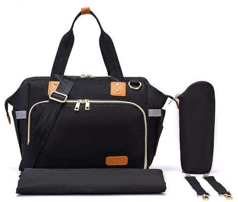 Fexkean Wickeltasche, große Wickeltasche für Mama und Papa, stilvolle Reisetasche, Kuriertasche, Schwarz , Medium