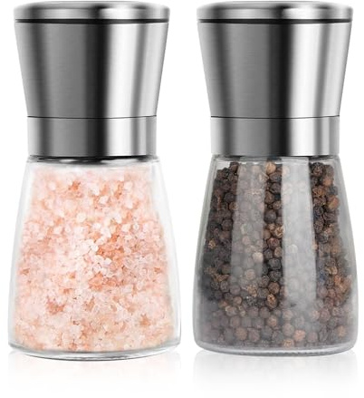 Salt and Pepper Grinder Set Stainless Steel Salt and Pepper Shakers Refillable Manual Spice Mill Pepper Grinder with Adjustable Coarseness (Without Spice Content, 2 Pack)