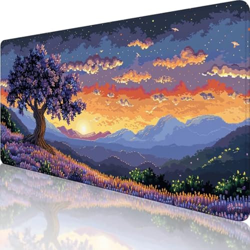 Lila Gaming Mauspad XXL 1000x500 mm Mousepad Landschaft, Erweiterte Groß Mauspad Schreibtischunterlage mit Vernähte Kanten Design, WassXerdicht Anti-Rutsch für PC, Laptop Büro Deko Desk Mat b-O