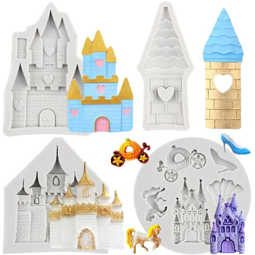 MYPRACS Lot de 4 moules en silicone en forme de château de contes de fées Cendrillon pour décoration de gâteaux, cupcakes, pâte à sucre, pâte à chocolat