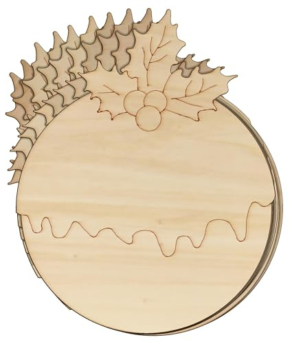 10 x Weihnachtspudding aus Holz, rund, mit Stechpalmen-Form, 3 mm Schicht-Dekoration (10 x 8 cm, ohne Loch)