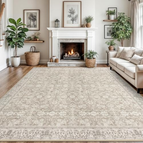 SIILOOM 9x12 Area Rug, Cream Beige Yellow White Grey Large Washable Rug for Living Room with Non-Slip Soft Vintage Bedroom Rugs Traditional Farmhouse Carpet for Nusery Dining Room Office Home Décor