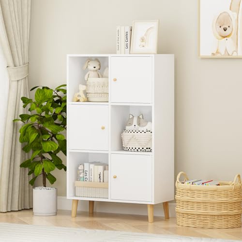 OXFENSEE Bücherregal weiß Bücherschrank,Aufbewahrungsregal,Regal mit Türen mit 3 Türen und 6 Fächern Würfelregal Kinder Büroregal freistehend Aufbewahrungsregal für Wohnzimmer (A-Weiß, 6 Fächern)