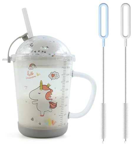 RoxNvm Tasse à Lait avec Paille, 400 ml Tasse avec Paille Silicone et échelle, Tasse de Lait, Anti-Fuite Mug, Verre pour Lait jus de Fruits (Cheval)