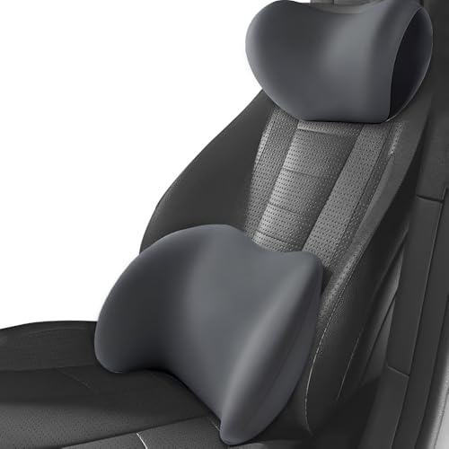 HOVCEH Cojin Lumbar Coche y Almohada, 2 Piezas de Espuma con Memoria Soporte Lumbar y Reposacabezas, Ergonómico Respaldo Asiento y Almohada Coche para Asientos de Coche, Silla de Oficina (Gris)