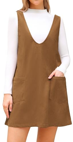 Allegra K Damen Strapskleid Herbst Winter Cord Tiefer V-Ausschnitt Lässiges Mini-Latzkleid Jumpsuits Braun XL