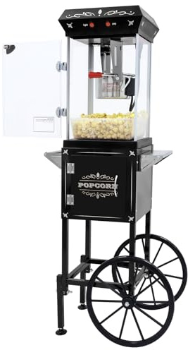 Popcornmaschine mit Wagen 8 OZ Kessel Popcornmaschine Groß,Entnehmbarer Topf Popcornmaker Retro Popcornmaschines,3 Schaufeln Kino-Stil Restaurant profi popcornmaschinen (Schwarz)