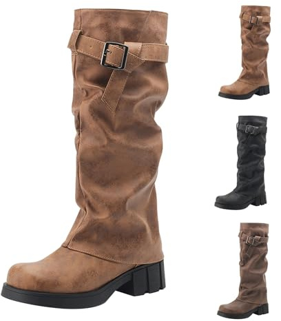 Västerländska stövlar damer rund tå – knähöga stövlar damer vikbara – cowboystövlar med spänne lång skaft mocka stövlar höga slip-stövlar gotiska punk platåstövlar, GUL, 42 EU