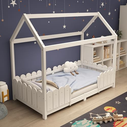 OKMYHOME Kinderbett 90 x 200 cm – Hüttenbett mit Zaun und Lattenrost, Struktur aus Kiefernholz, ohne Matratze, Weiß
