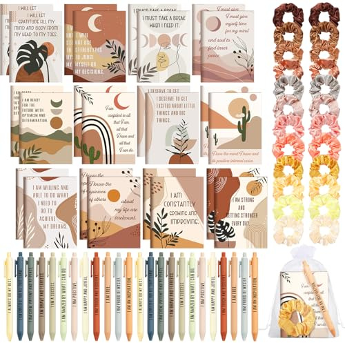 Mooliwe 72 Pcs/24 Set Positive Affirmation Gift Set for Women Gratitude Notebooks with Pens Hair Scrunchie Small Bags Motivational Encouragement Notepad for Women Coworkers Adult Party Favors(Boho)