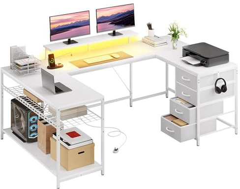 YITAHOME 158×100cm Corner Desk with Drawers LED Power Outlets White