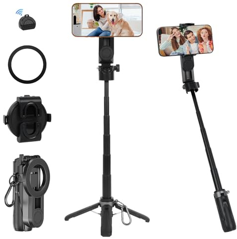 Perche à selfie magnétique - Mini perche à selfie portable 3 en 1 avec télécommande Bluetooth - SOARFLY rotatif à 360° - Pliable - Pour iPhone 12-17, Android pour Vlog/voyage