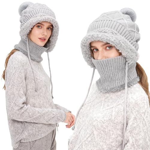 3 in 1 Beanie Hat for Women, 3 in 1 Winter Hat Women, Balaclava Hat for Women, Knitted Hats Wind Resistant Hooded Scarf, Windproof Plush Lined Knit Hats for Cold Weather Outdoor Skiing Sports (Grey)