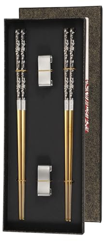 sourcing map 2 Pairs Stainless Steel Chopsticks, 23.5cm / 9.25 Metal Chop Sticks Square Lightweight Chopsticks Tableware Accessories Set for Home Hot Pot Cook, Black Gold with Silver Holder