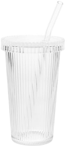 Tasse en Verre avec Couvercle et Paille 300-500 Ml | Rayures Verticales, Aspect Transparent, Usage Boisson Chaude ou Froide, Entretien Facile